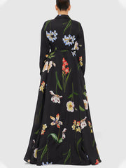 Black Floral Print Shirt Maxi Dress with Slit