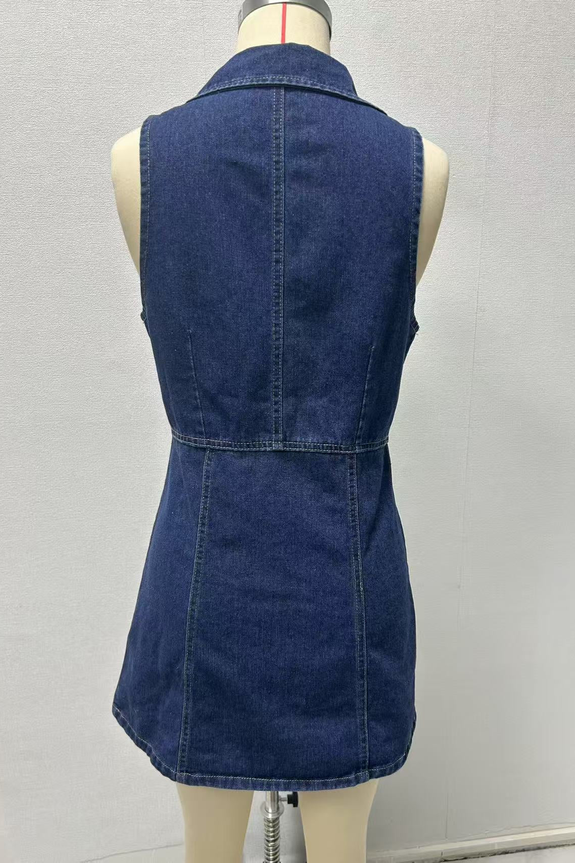 Collared Denim Mini Dress - Dark Blue