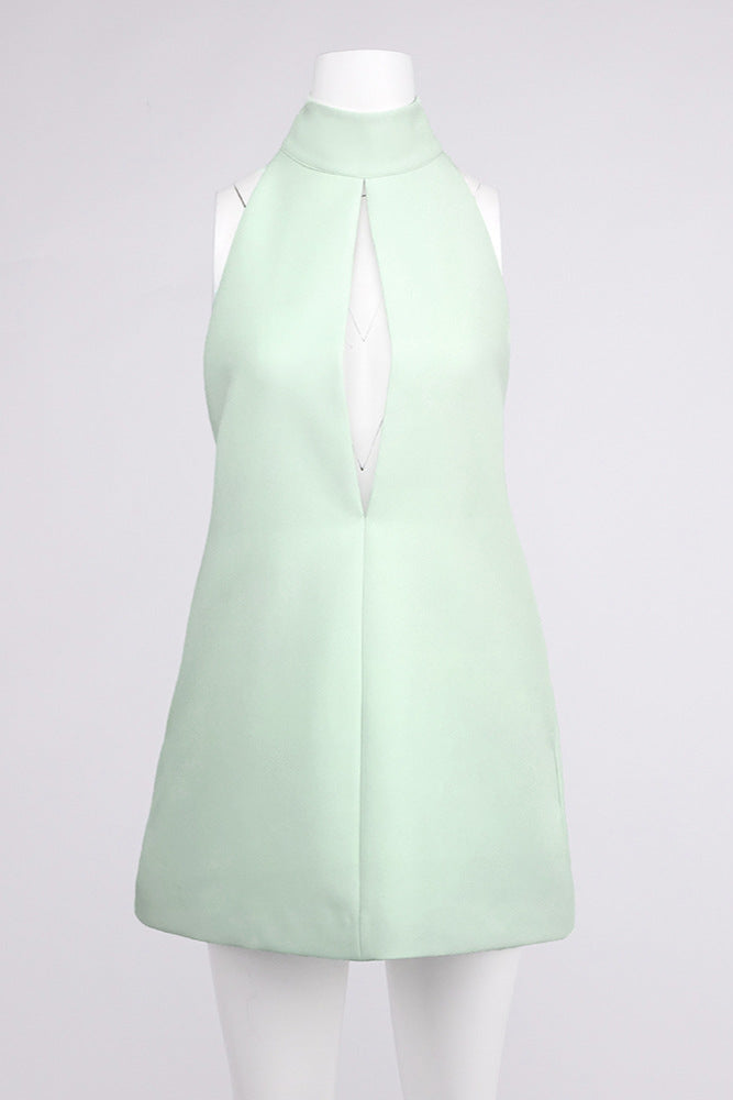 V-Neck Cutout Backless Crepe Halter Dress - Celadon