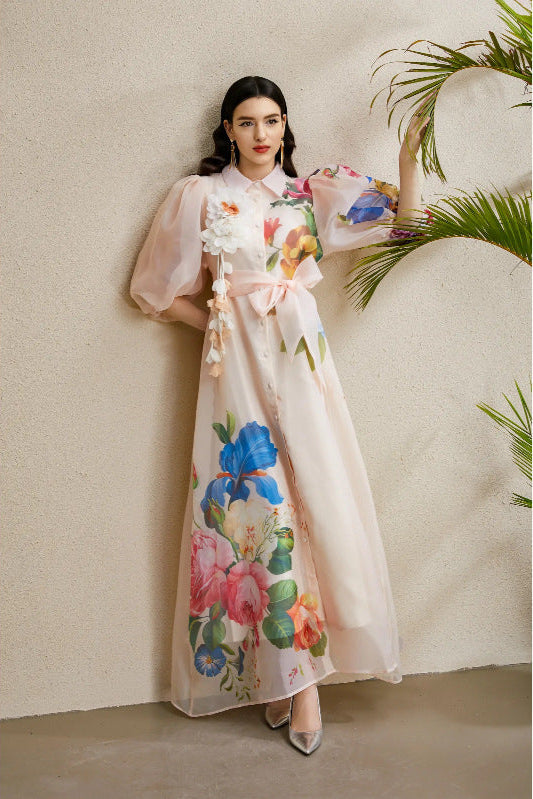Single-Breasted Floral Printed Puff Sleeve Maxi Dress in Apricot