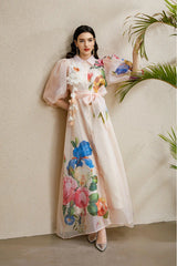 Single-Breasted Floral Printed Puff Sleeve Maxi Dress in Apricot