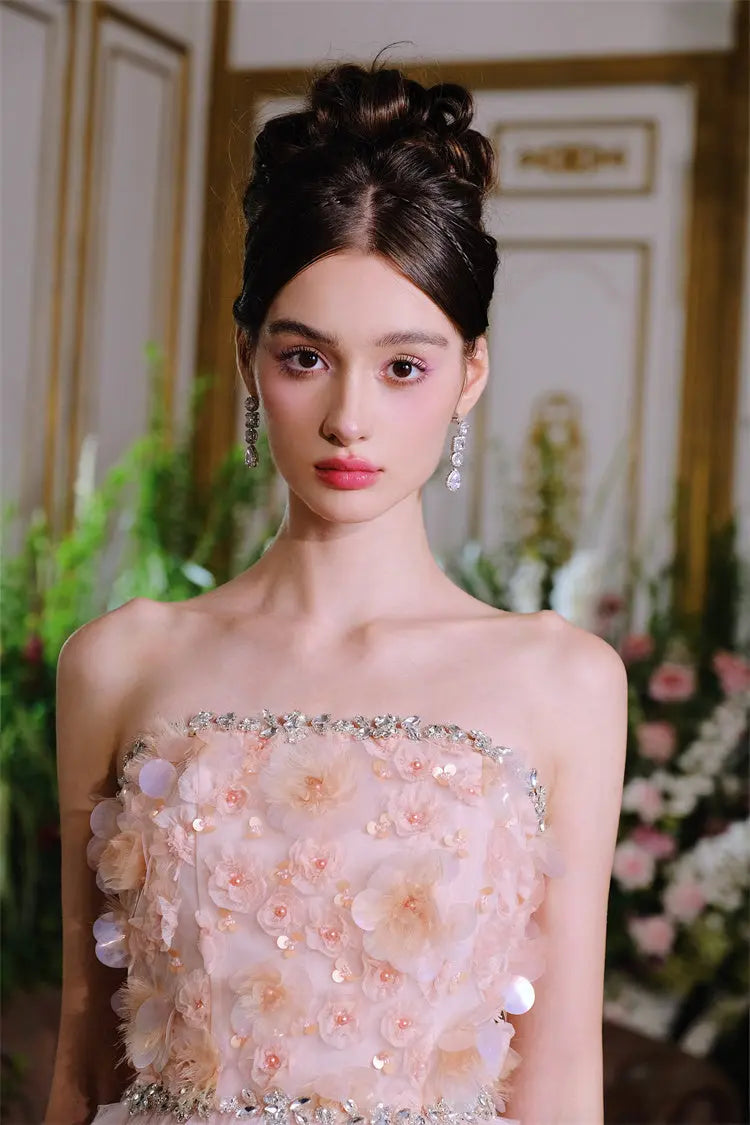 Pink Princess Ruffle Midi Floral Embroidery Dress