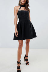 Halter Neck Buckle Straps Bandage Mini Dress in Black