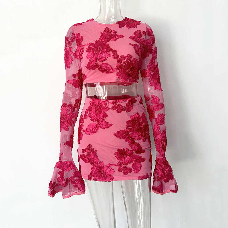 Embroidered Floral Backless T-shirt and Skirt Set