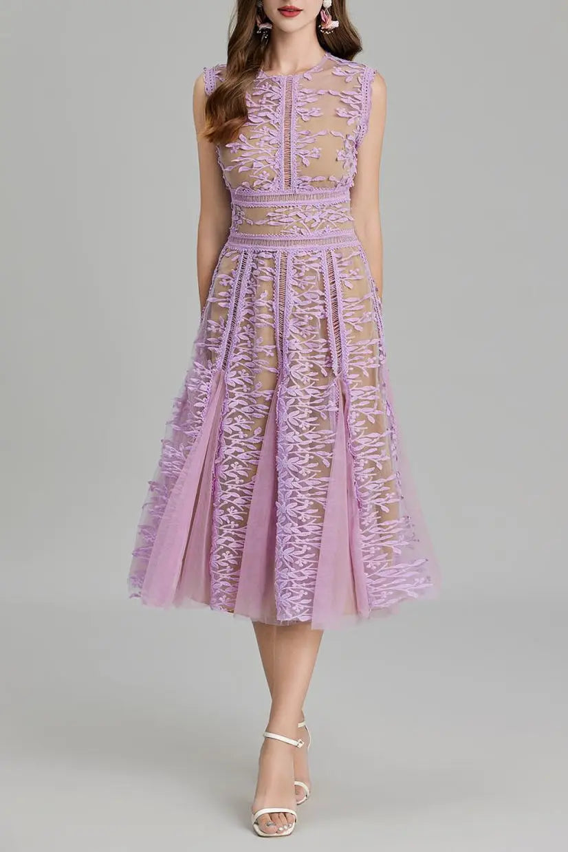 3D Embroidered Lace Mesh Midi Dress in Purple