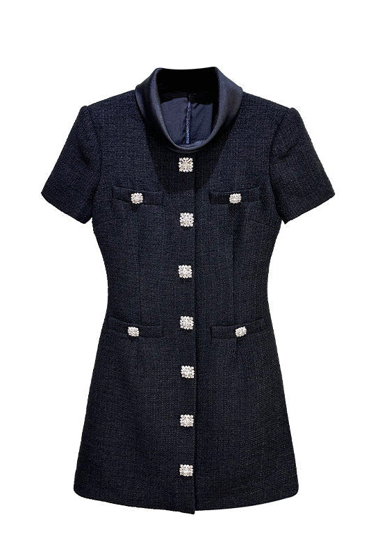 Boucle Collared Mini Dress in Black