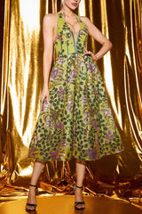 V-Neck Flower Backless Midi Dress in Green