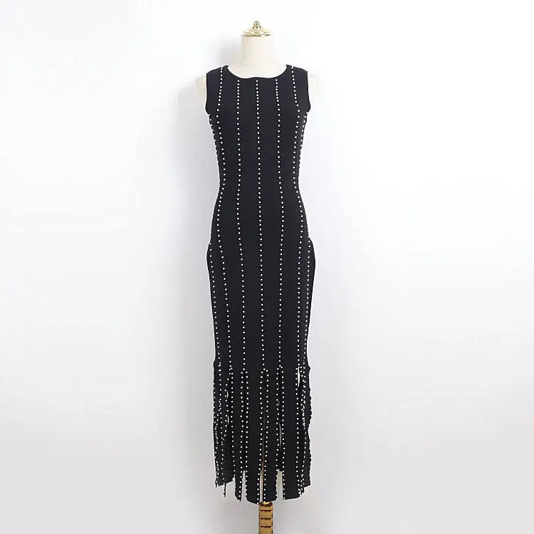Fringed Knit Maxi Dress in Black