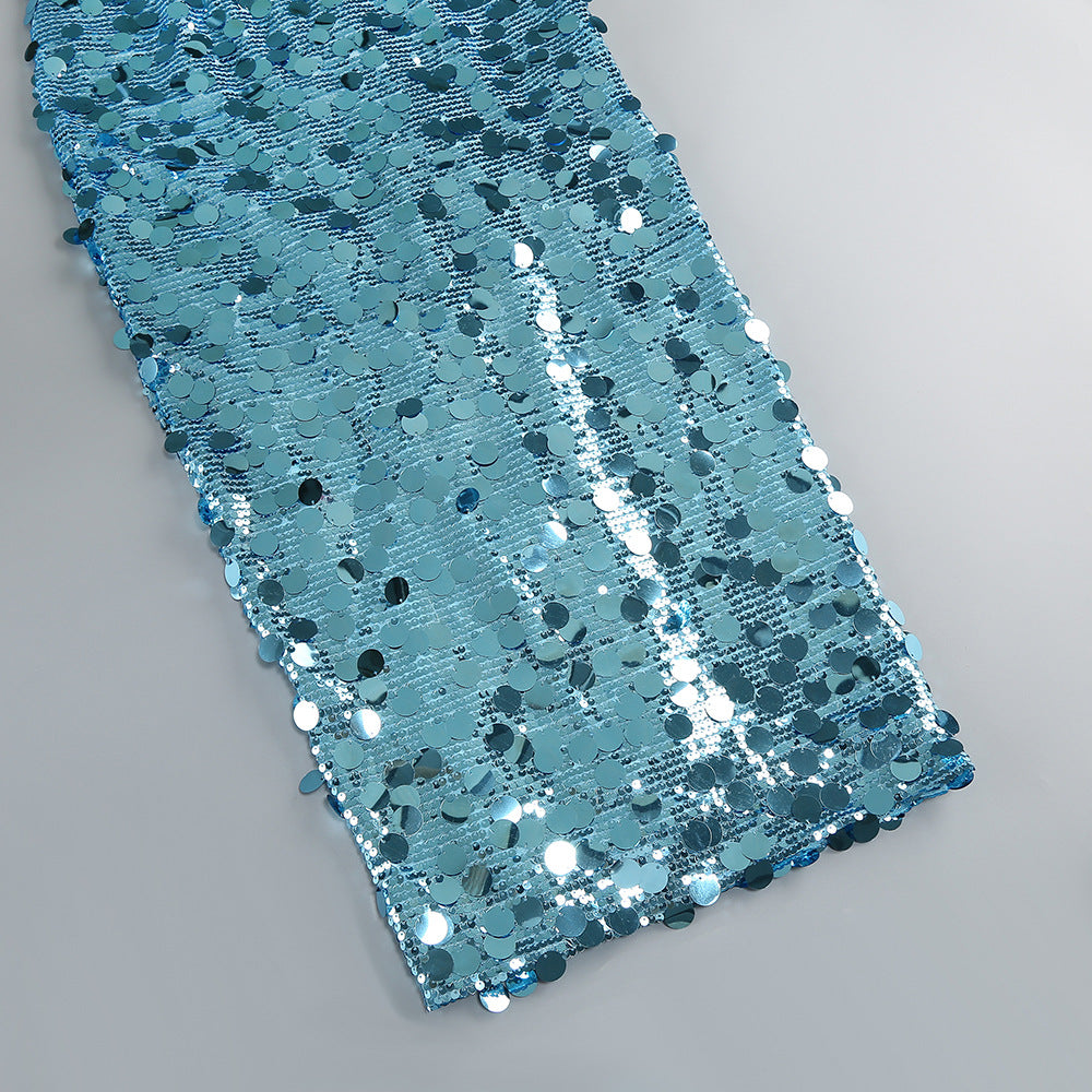 Sequin Deep V Maxi Dress in Blue