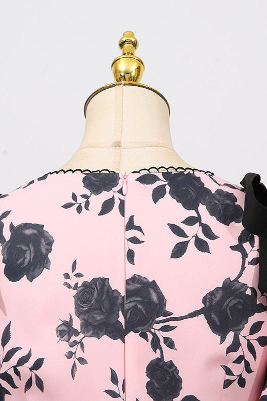 V-Neck Satin Floral Midi Dress in Pink