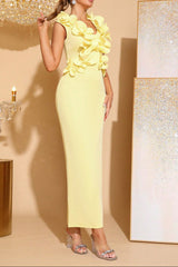 3D Flower V-Neck Sleeveless Bodycon Maxi Dress in Yellow