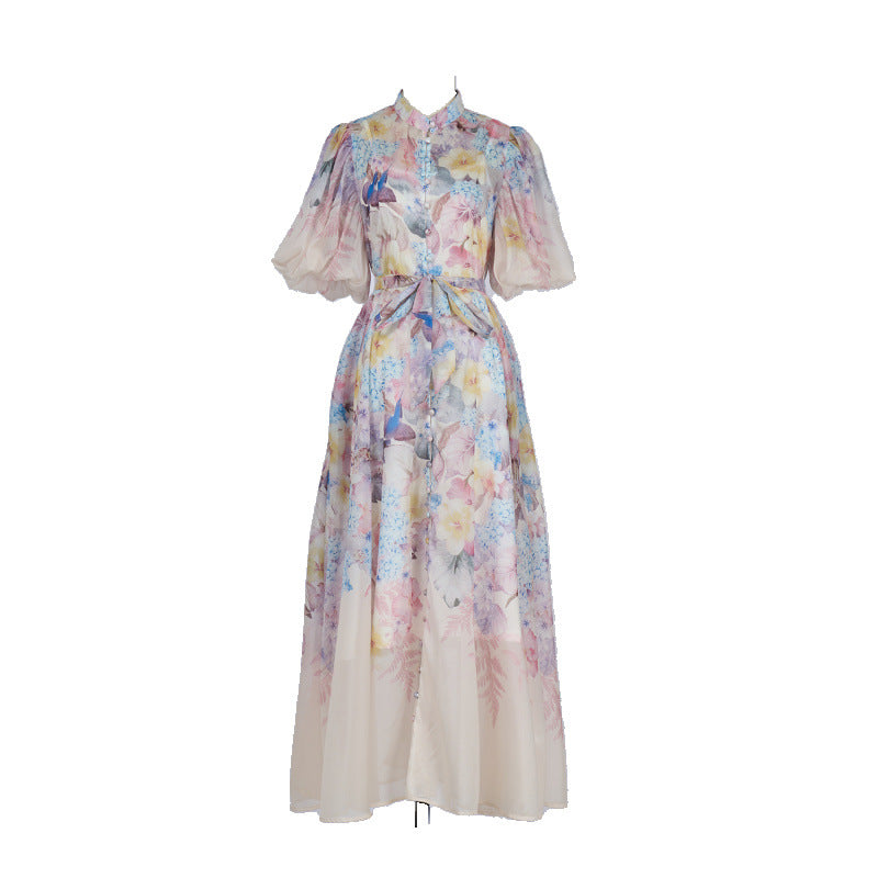 Pink Floral Print Mandarin Collar Maxi Dress