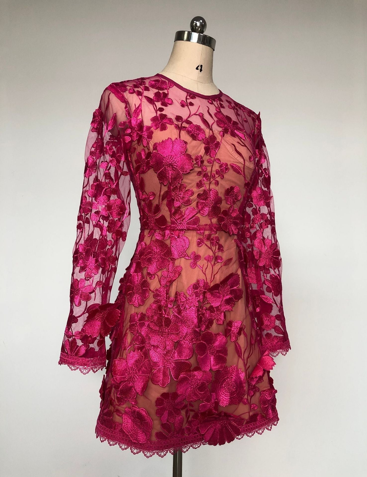 Rose Red Floral Lace Long Sleeve Mini Dress
