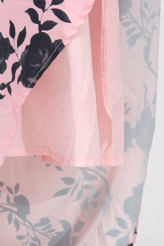 V-Neck Satin Floral Midi Dress in Pink