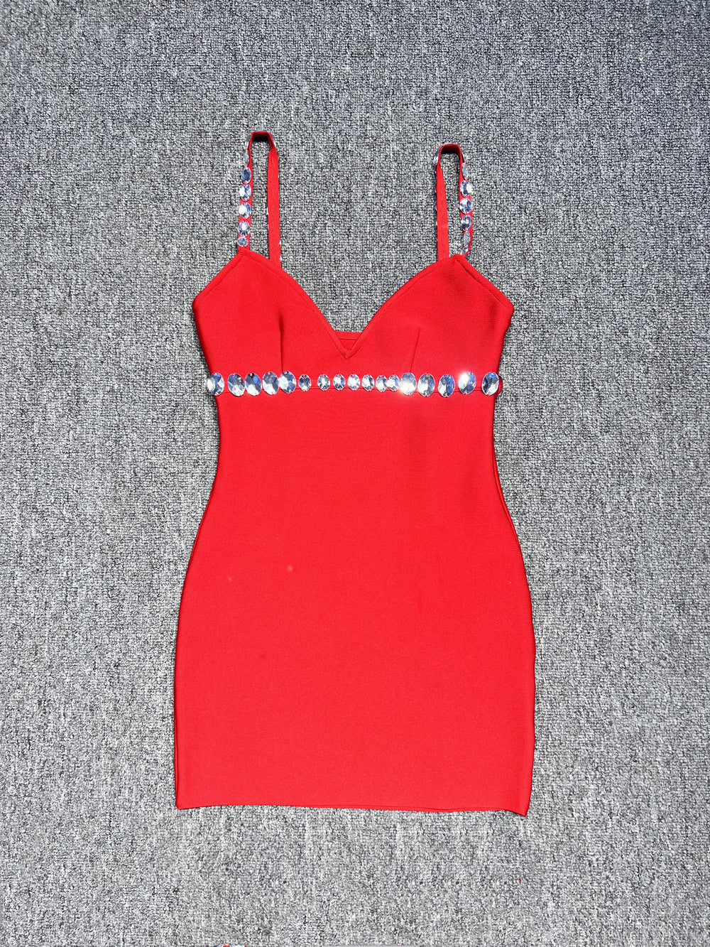V-Neck Rhinestone Embellished Stretch Bodycon Mini Dress in Red