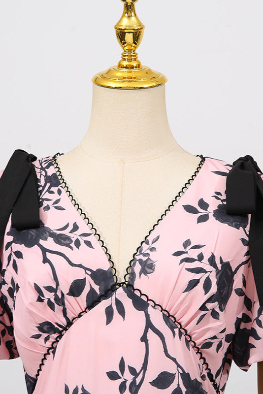 V-Neck Satin Floral Midi Dress in Pink