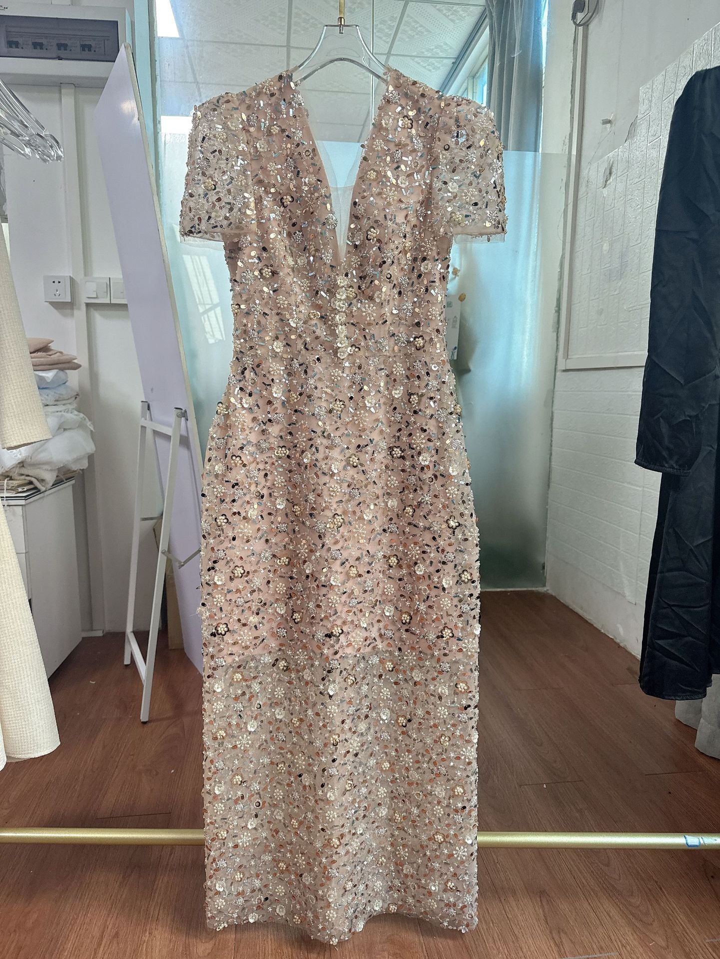 Embroidery V -Neck Midi Dress in Beige