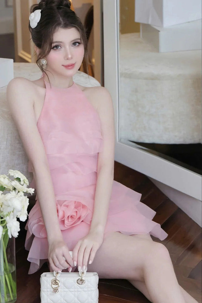 3D Flower Halter Ruffle Mini Dress in Pink