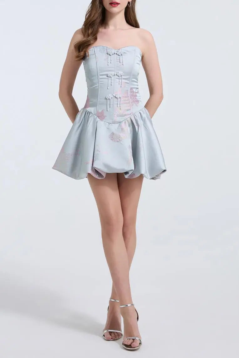 Fishbone Bodice A-line Mini Dress in Blue