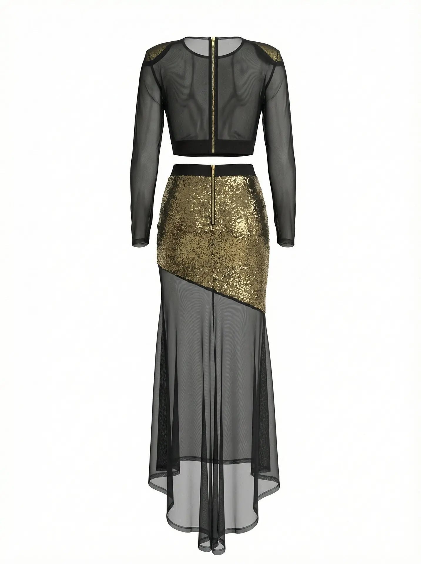 Gold Sequin Mesh Patchwork Sheer Two-Piece Set