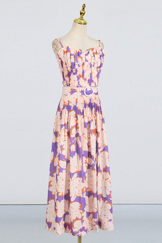 Floral-Print Linen Bustier Top Skirt Set in Blue