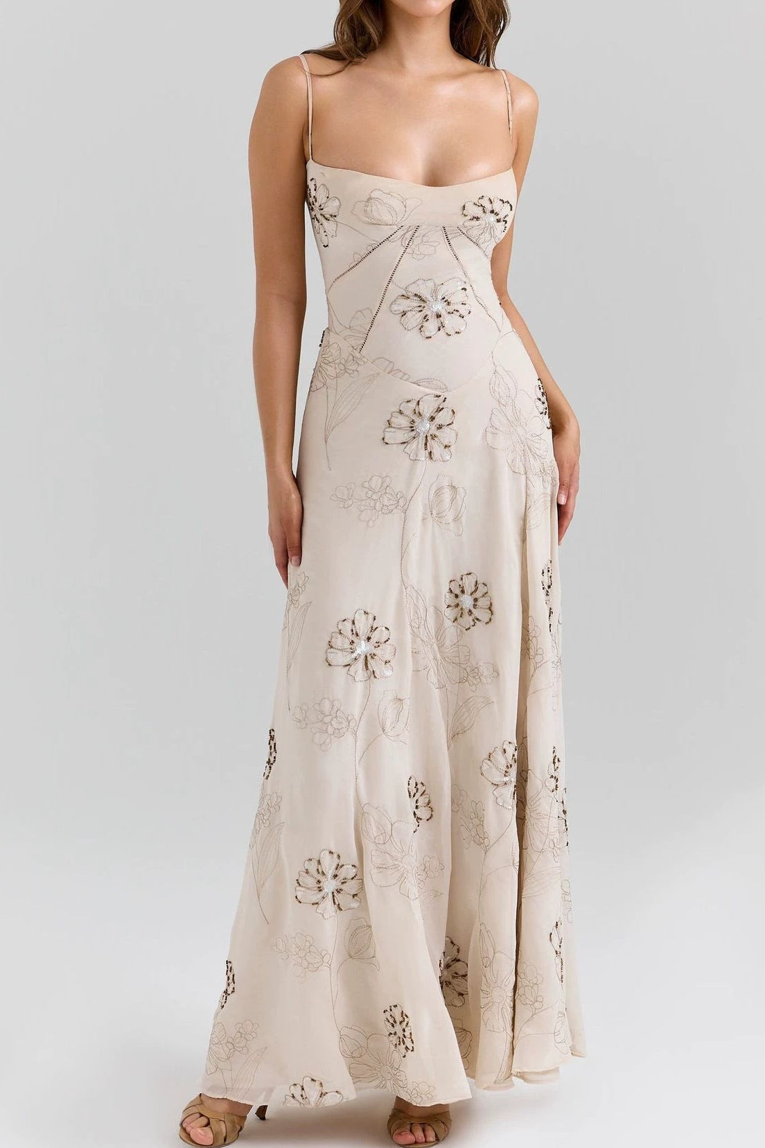 Beige Floral Strap Maxi Dress