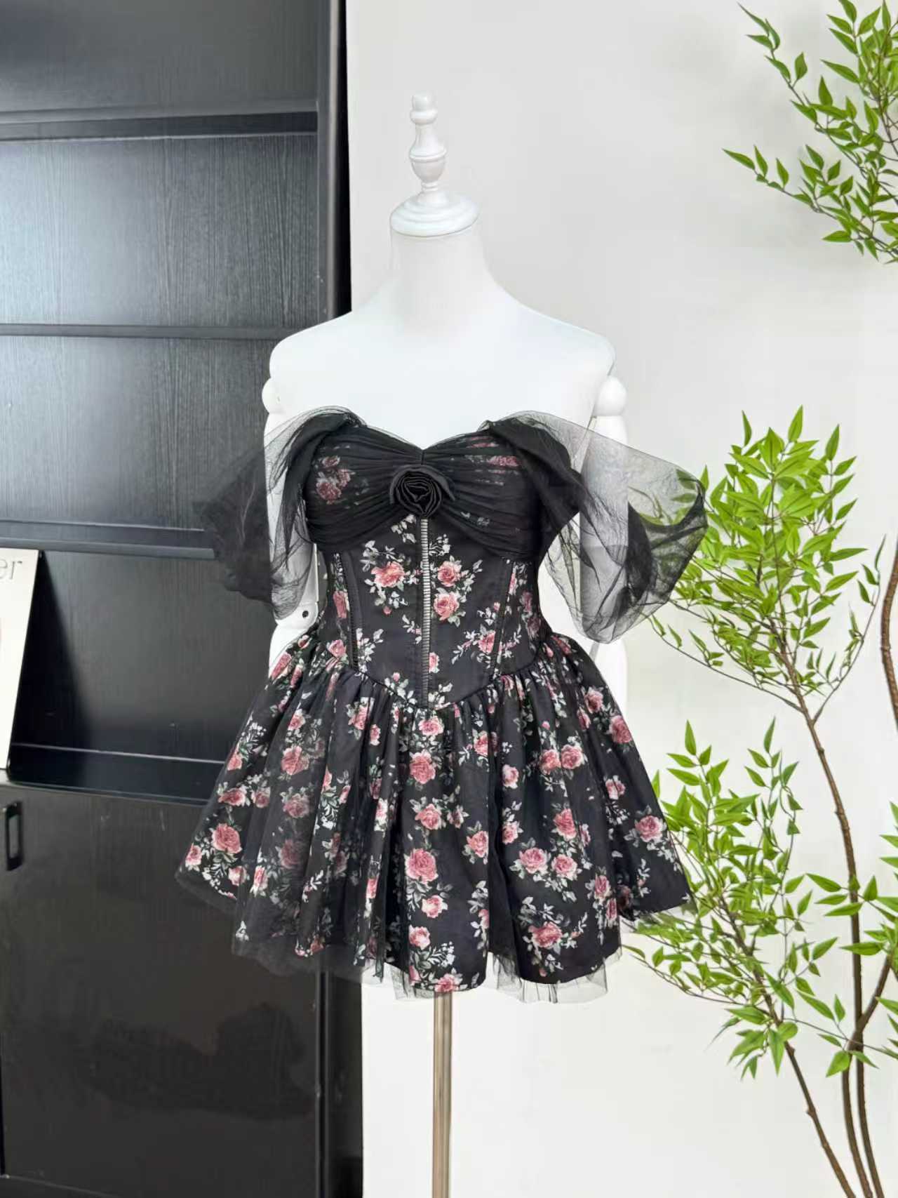 Floral Printed Mini Dress in Black