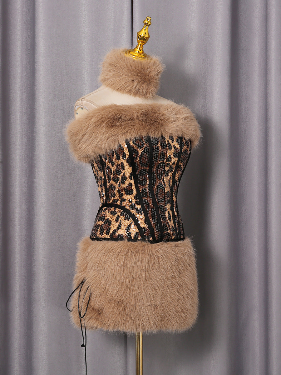Fur Sequin Skirt Set