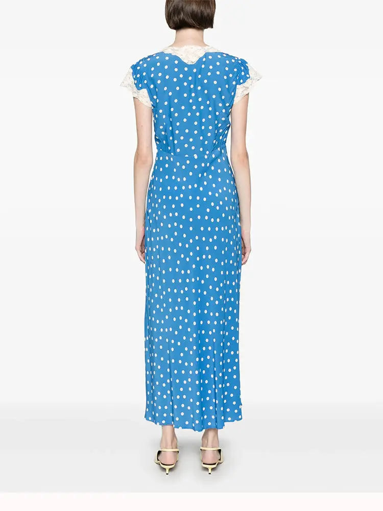 Lace-Trimmed V-Neck Maxi Dress in Blue