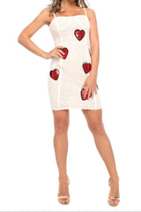 Sequin Heart Embroidery Lace Mini Dress in White