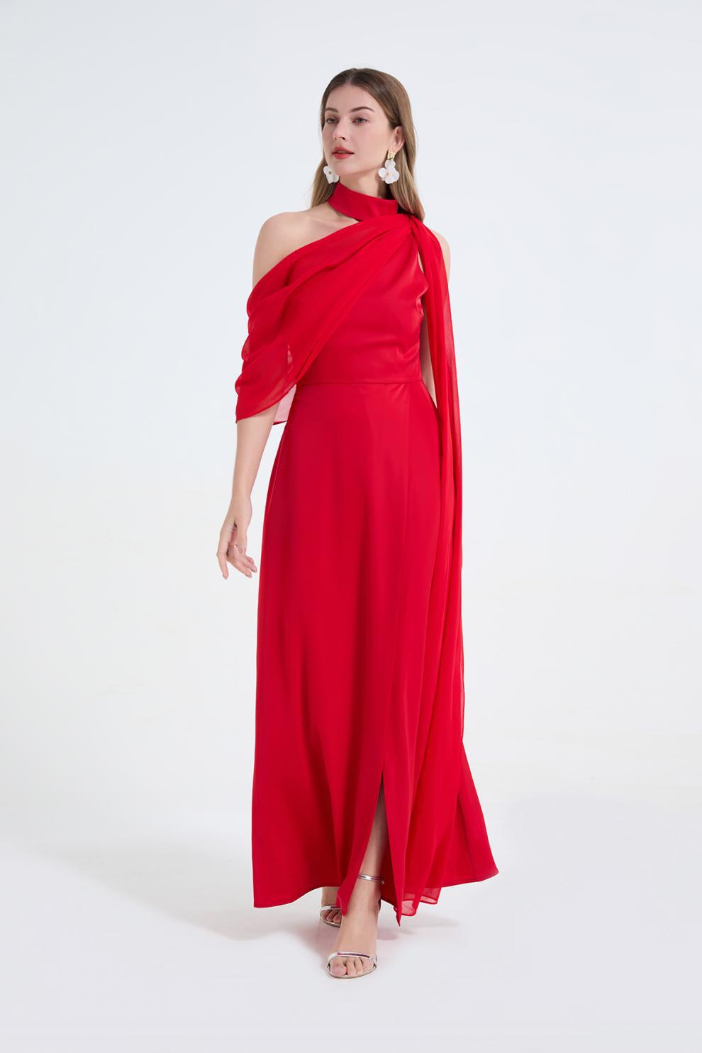 One-Shoulder Detachable Collar Maxi Dress in Red