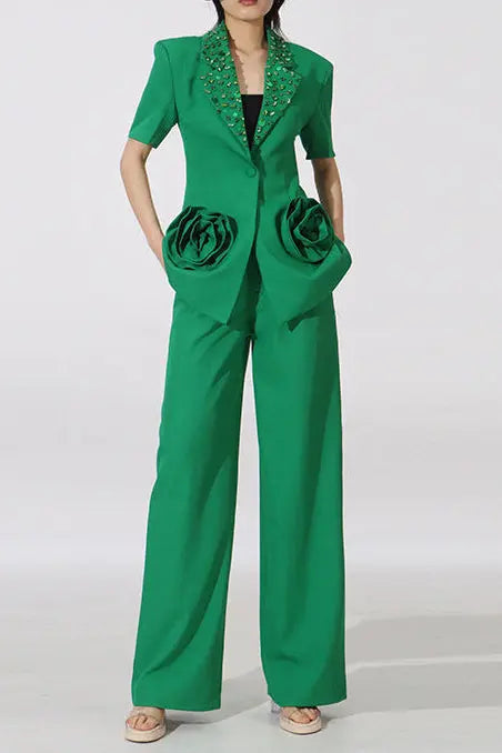 Green Flower Embellished Blazer with Wide-Leg Trousers Set