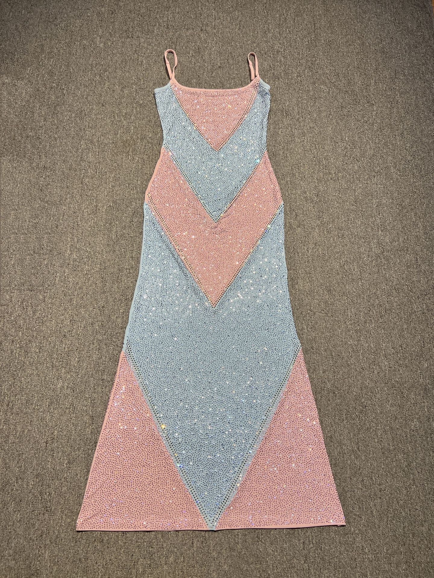 Fully Rhinestoned Bodycon Maxi Dress - Blue & Pink
