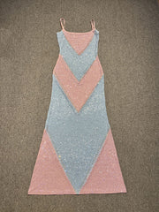 Fully Rhinestoned Bodycon Maxi Dress - Blue & Pink