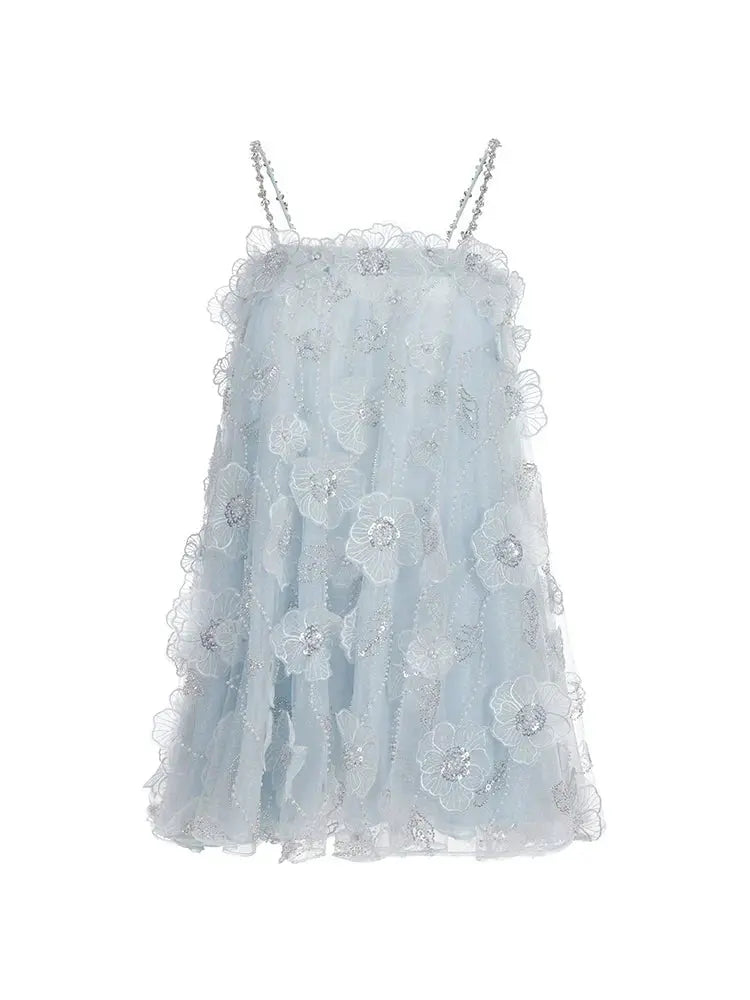 Light Blue Sleeveless Flower Diamond Short Doll Dress