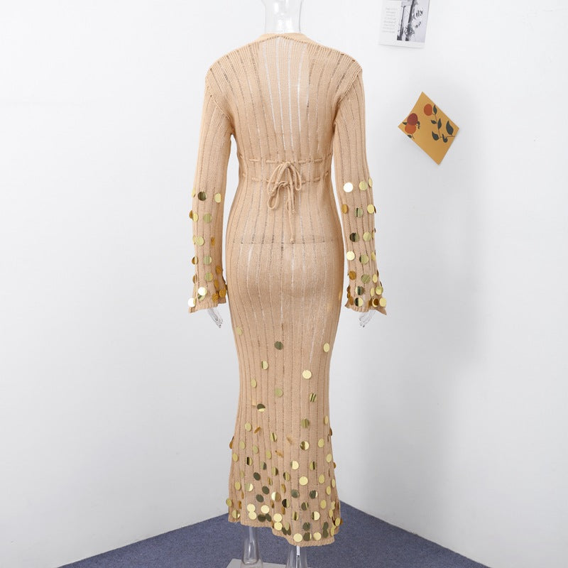 Golden Aura V-Neck Knitted Maxi Dress