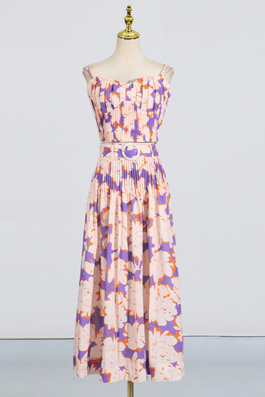Floral-Print Linen Bustier Top Skirt Set in Blue
