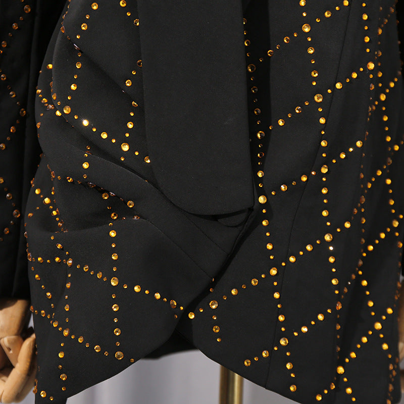 Black Folded Collar Rhinestone Blazer