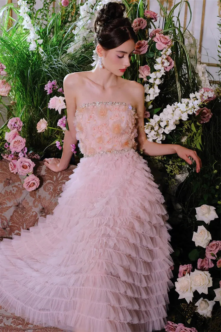 Pink Princess Ruffle Midi Floral Embroidery Dress