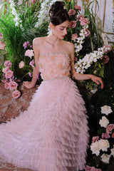 Pink Princess Ruffle Midi Floral Embroidery Dress