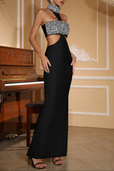 Crystal Halter Cut Out Maxi Dress in Black