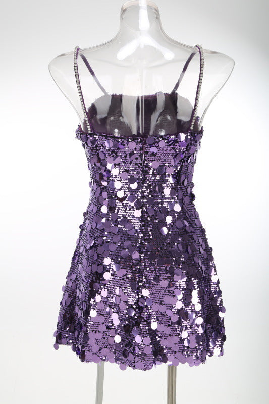 Strappy Sequin Embellished Mini Dress in Purple