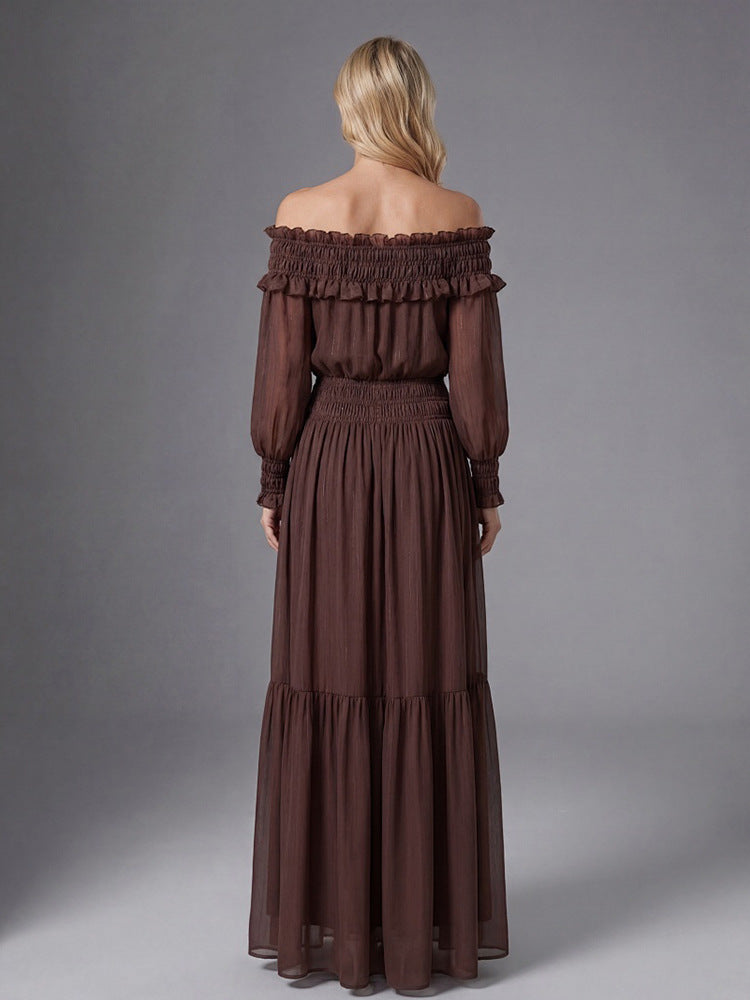 Brown Off-Shoulder Long Sleeve Maxi Dress with Ruched Trim