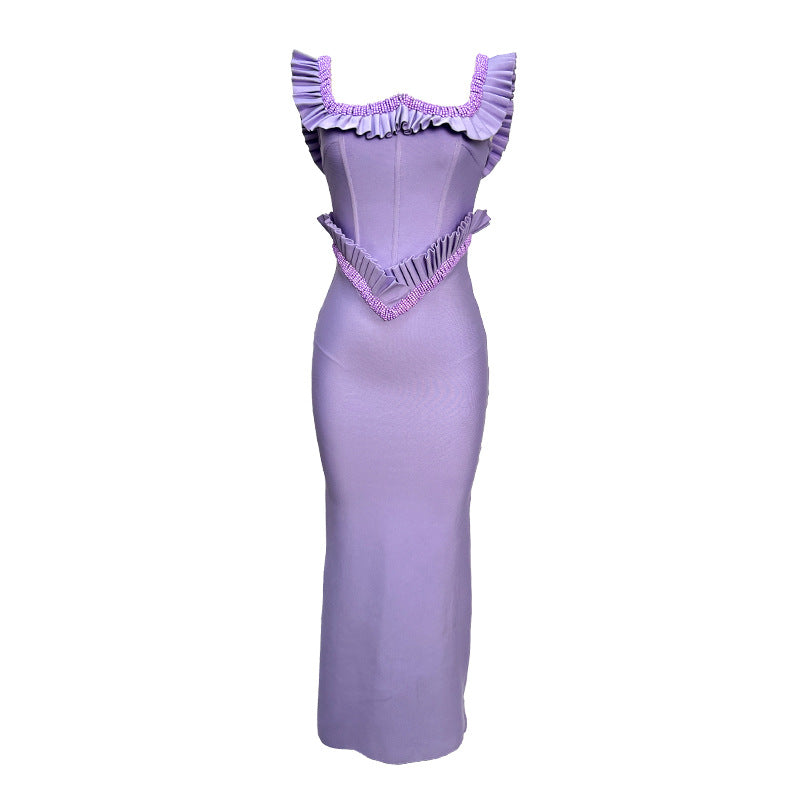 Embellished Square Neck Ruffle Bodycon Maxi Dress - Purple