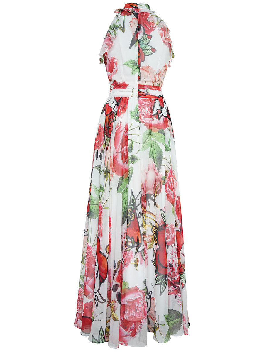 Floral Printed Sleeveless Flowing Large Swing Dress