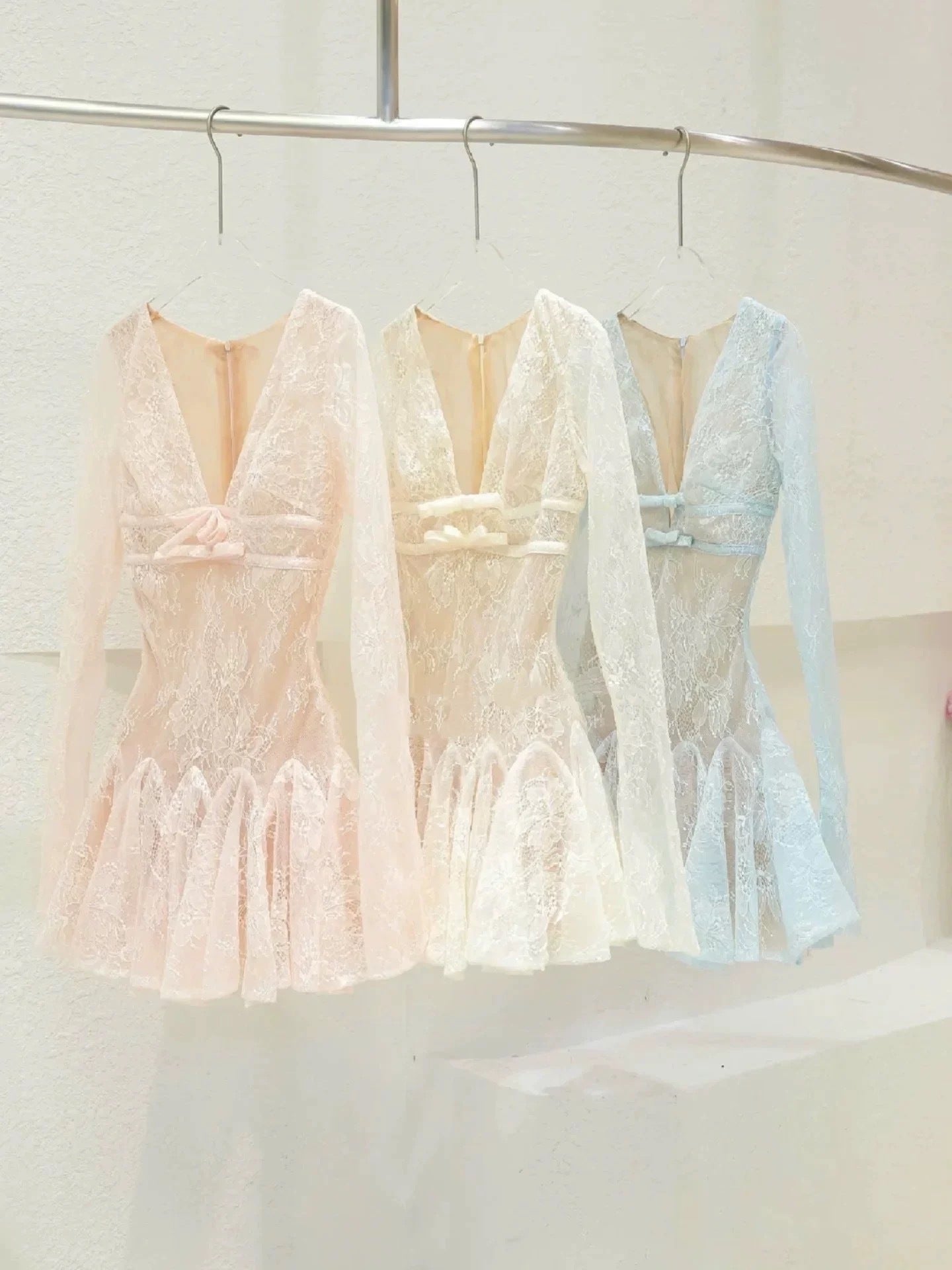 Long-Sleeve V-Neck Lace A-Line Mini Dress in Blue