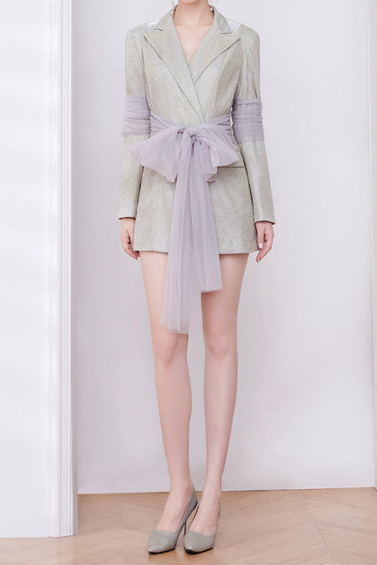 Mesh Ribbon Blazer Dress in Champagne