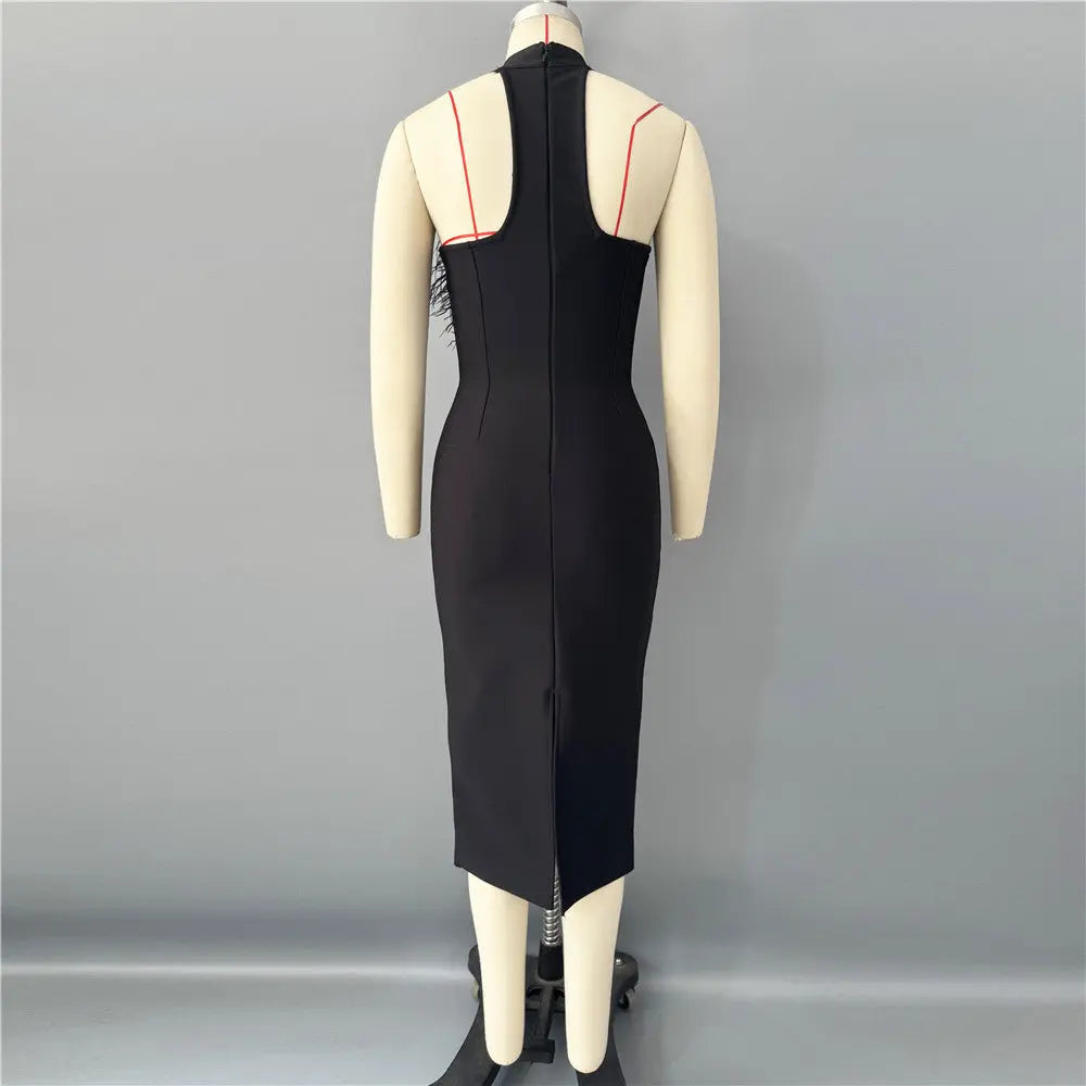 Flower Rhinestone Feather Halter Midi Dress in Black