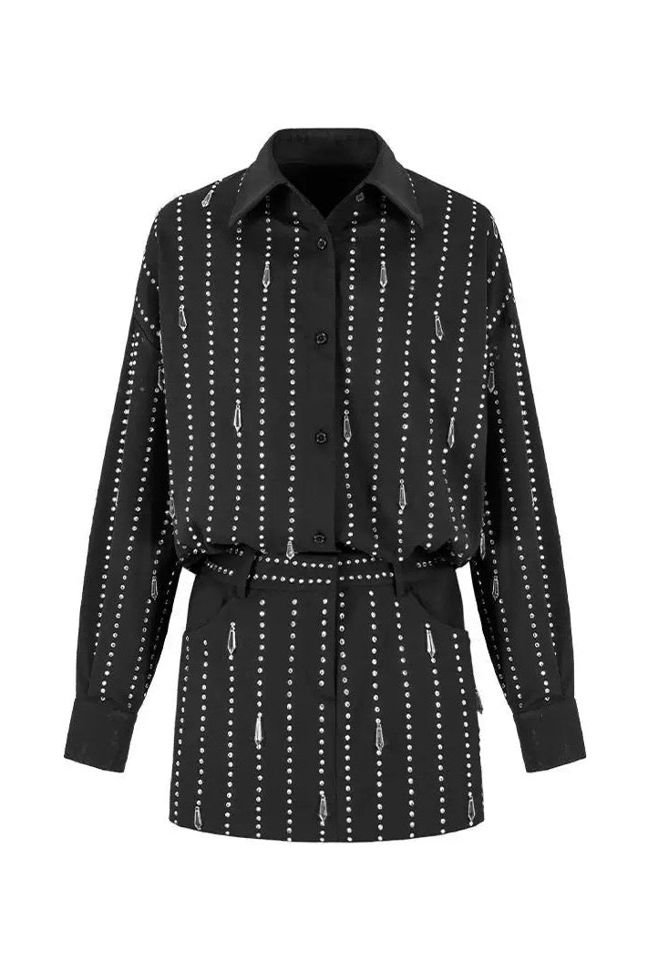Collar Rhinestone Shirt Mini Dress in Black