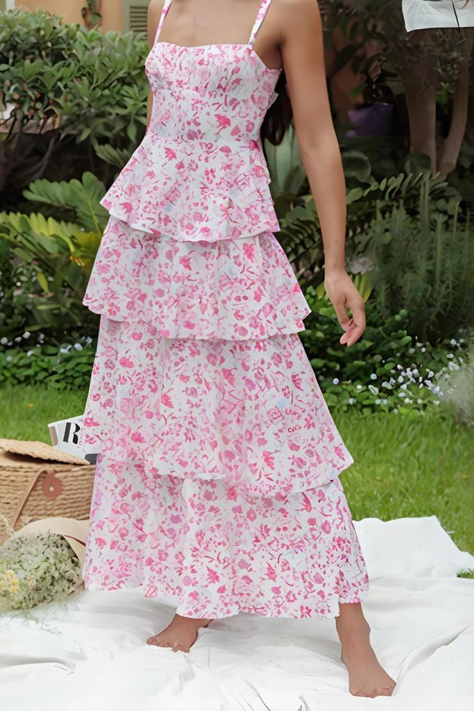Floral Print Layered Strappy Maxi Dress in Pink